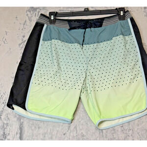 Hurley Men’s Board Shorts Size 36 Black Blue Yellow Polka Dot Stretch Swim Trunk